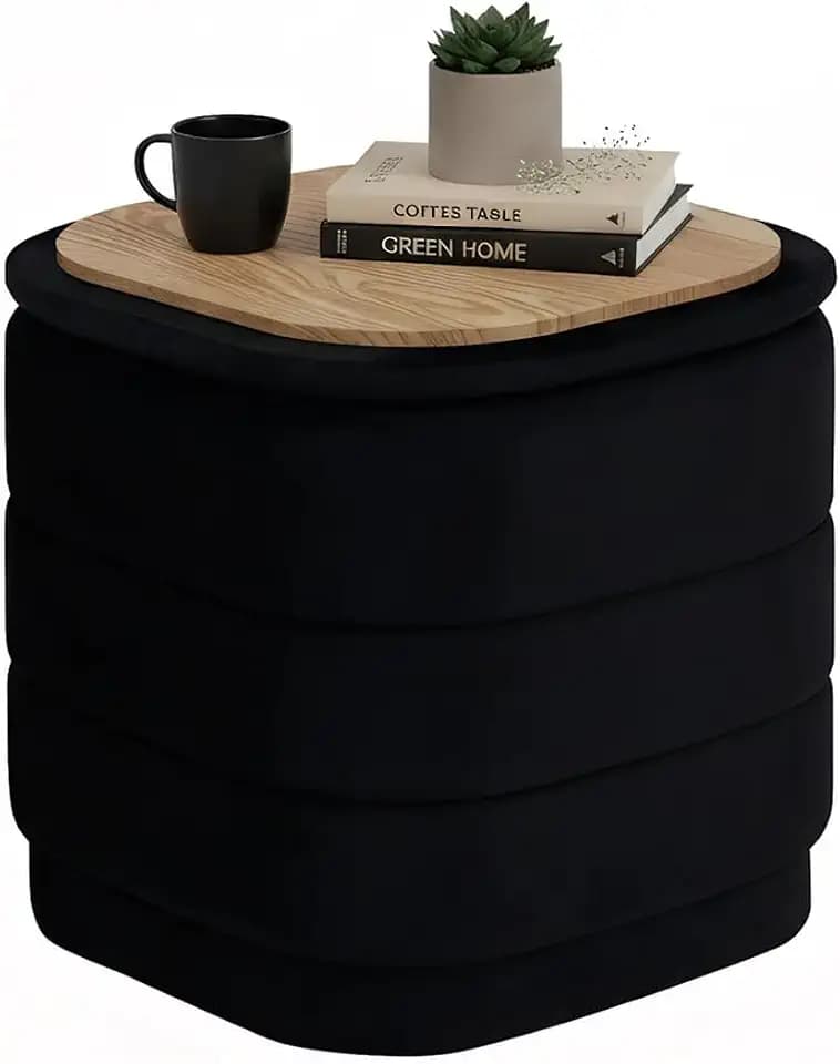 B FSOBEIIALEO 15" Square Velvet Storage Ottoman Cube with Tray, Black
