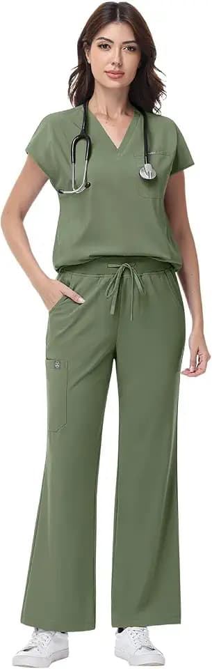 niaahinn Scrub Set for Women - V-Neck Scrub Top & Wide-Leg Pants Medical Uniforms with Stretch Fabric, Multiple Pockets