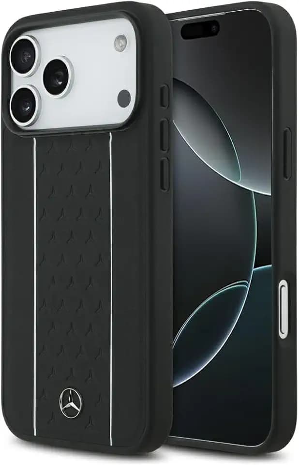 CG MOBILE Mercedes Leder Sternenmuster Streifen kompatibel mit MagSafe Hülle für iPhone 17 Pro Max (Schwarz)
