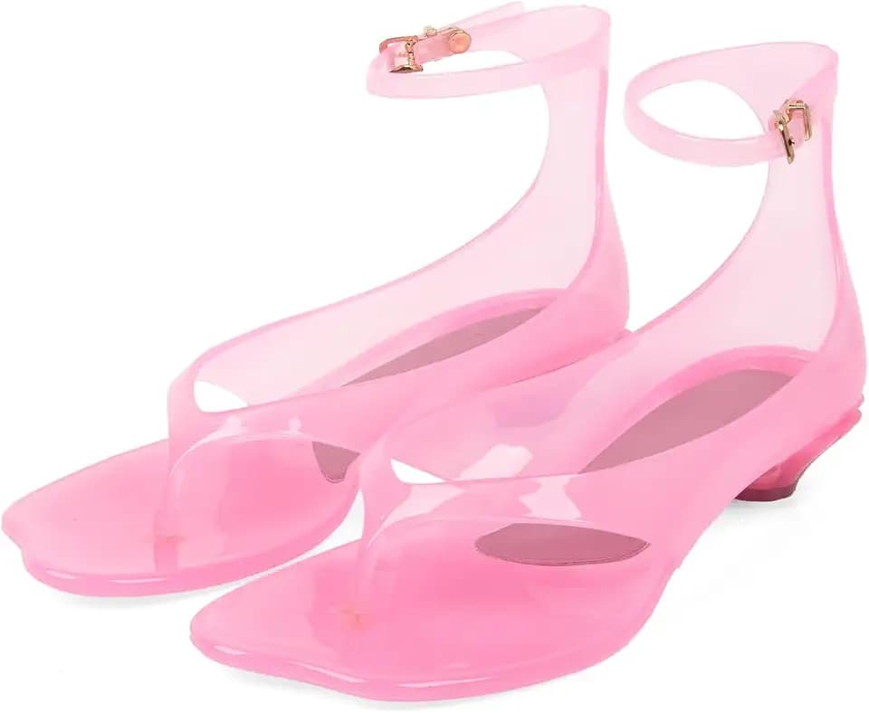 Agodor Jelly Thong Heeled Sandals for Women,Clear Flip Flop Low Kitten Heels for Women Square Open Toe Strappy Summer Casual Beach Adjustable Buckle Dress Sandals