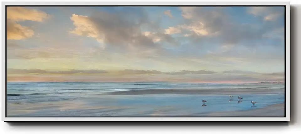 Renditions Gallery Floater Framed Wall Art Peaceful Ocean with Cloudy Sky Canvas Painting and Prints for Office Lobby - 20"x50" White Frame LT618