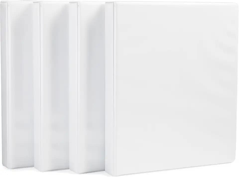 Amazon Basics 3 Ring Binder, 1 Inch D-Ring, Clear Overlay, Pockets for Storage and Organization, White, 4 Pack