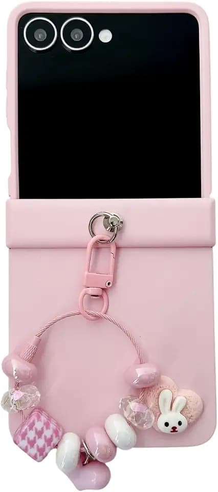 for Samsung Galaxy Z Flip 7 Case, Cute Rabbit Cartoon Pattern Flip 7 Phone Case, Fold Phone Cover for Women Ladies Girls with Bracelet (Pink)