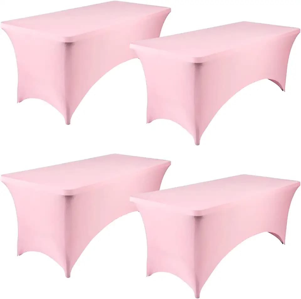 8FT Spandex Table Cover Table Cloth for Folding Tables Fitted Rectangular Tablecover Washable Wrinkle Resistant Polyester Stretch Pink Tablecloth Protector for Wedding Banquet Party (4 Pack, Pink)