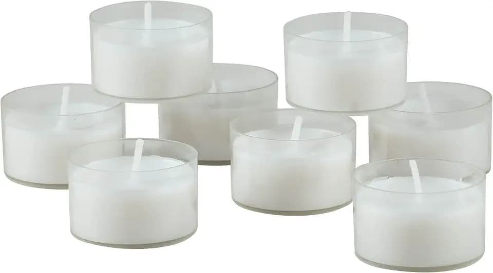 Stonebriar 48 Count White Unscented Smokeless Long Burning Clear Cup Tea Light Candles with 6 to 7 Hour Burn Time