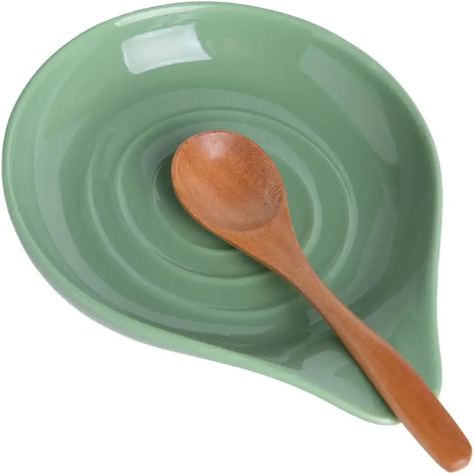 Ceramic Spoon Rest for Stove Top, 6.1 x 5 Inch Large Spoon Holder for Cooking Utensils, Spatula & Coffee Spoons, Farmhouse Kitchen Décor(Green 1pc)