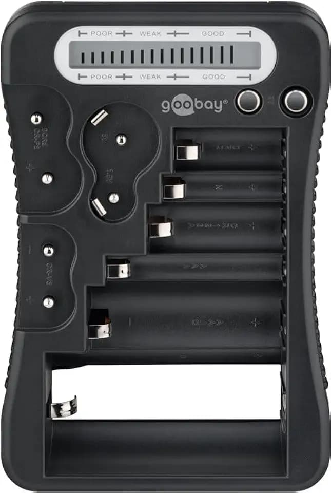 goobay 72511 Digitaler Batterietester für Batterien, Akku und Knopfzellen/LCD Batterietestgerät/Batterie und Akku Tester/AA, AAA, 9V, C, D, CR2032