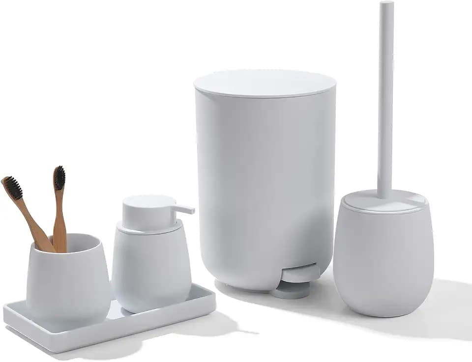 GAHEFY White Bathroom Accessories Set with Small Trash Can 3 Liter/0.8 Gallon,Toothbrush Holder,Soap Dispenser,Vanity Tray,Toilet Brush and Holder White 5PCS