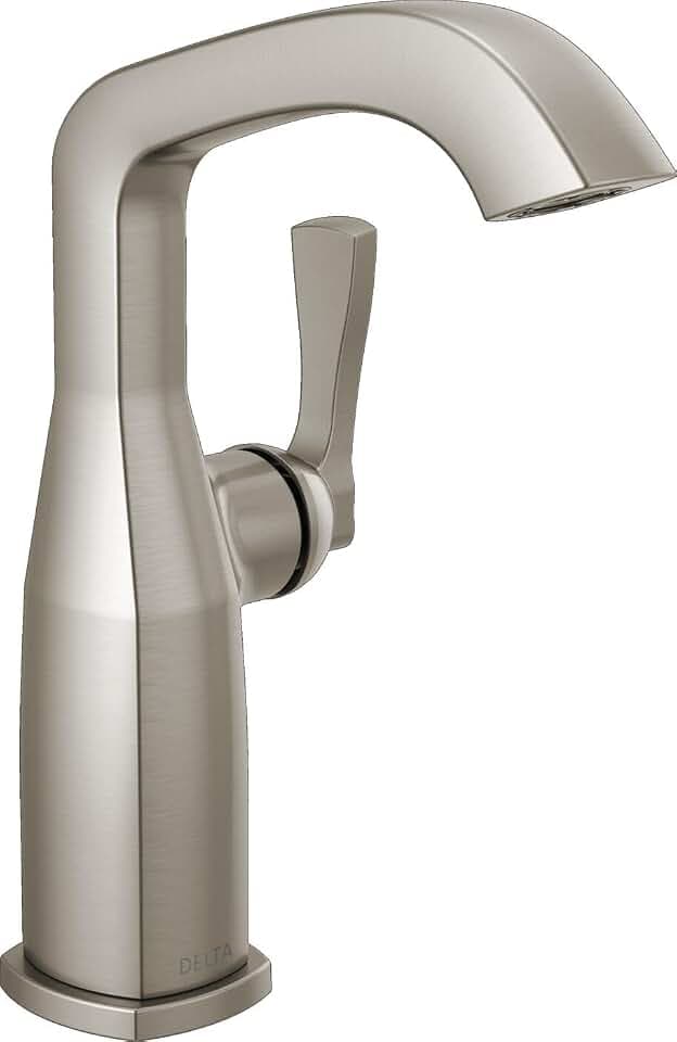 Delta Faucet Stryke Mid-Height Single Hole Bathroom Faucet, Brushed Nickel Single Handle Bathroom Faucet, Bathroom Sink Faucet, Delta Brushed Nickel Bathroom Faucet, Lumicoat Stainless 676-SS-PR-DST