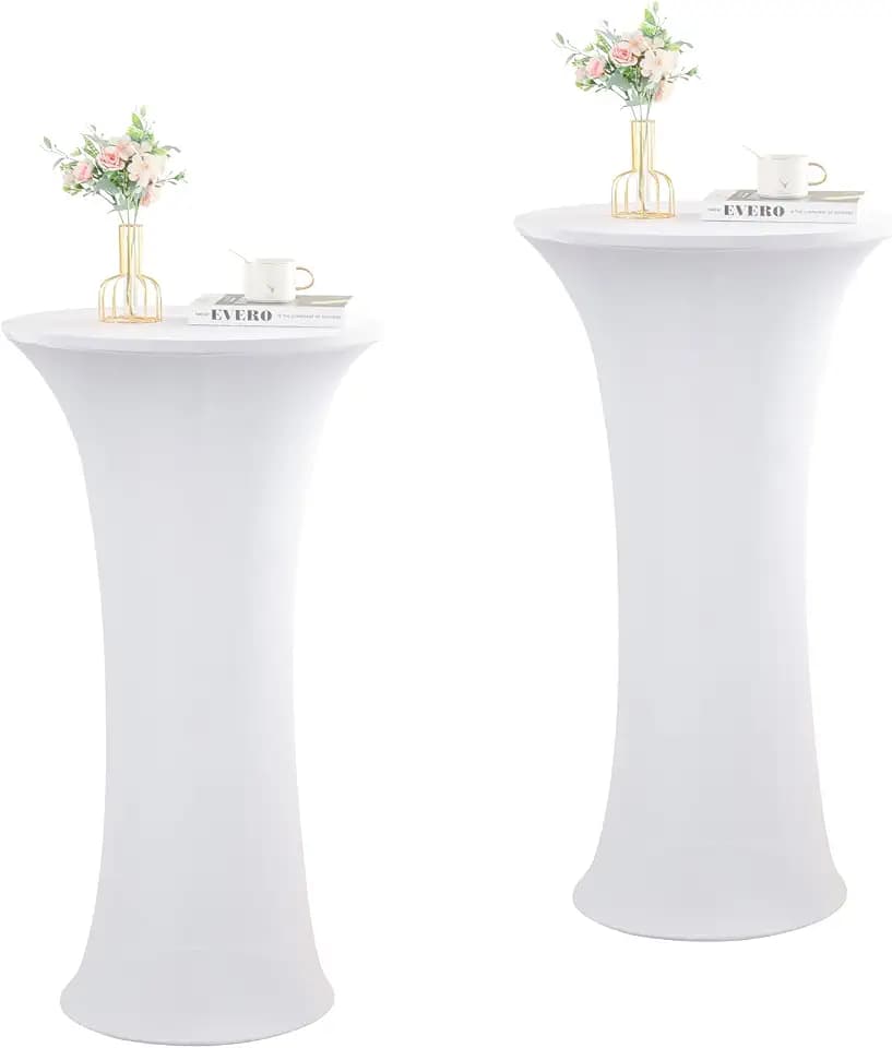Rakila 2 Pack 32x43 Inch White Fitted Round Cocktail Tablecloth Spandex Stretch Table Cover for Party, Banquet, Wedding