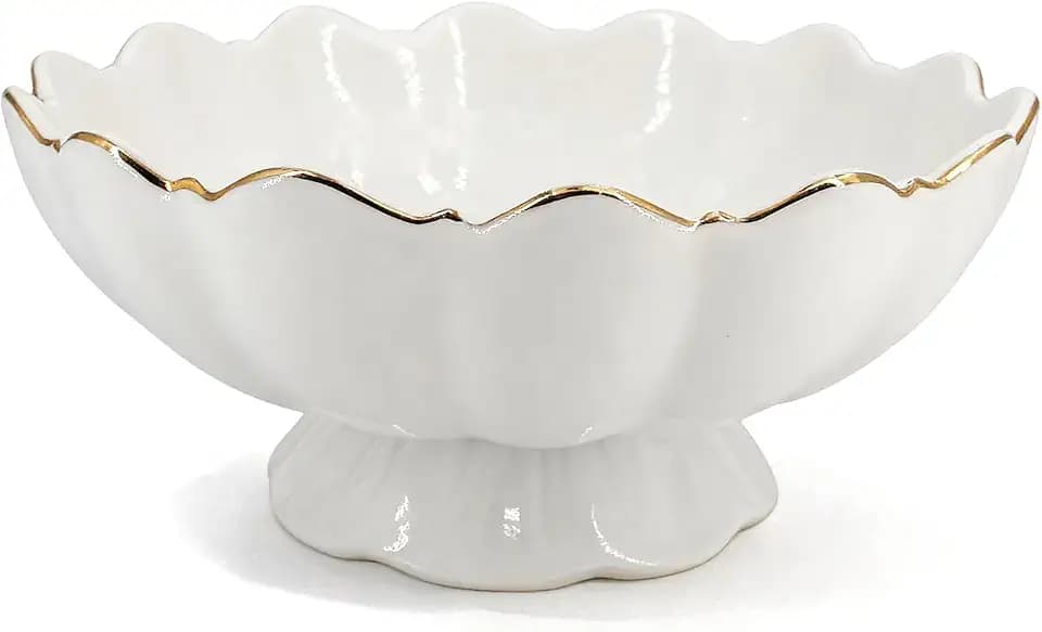 White Small Decorative Bowl 8 Inch Ceramic Key & Fruit Bowl Ruffle Lotus Shape with Gold Rim Candy Bowl, Multi-Use Centerpiece Pedestal Bowls for Kitchen Counter, Coffee Table, Entryway, Wedding