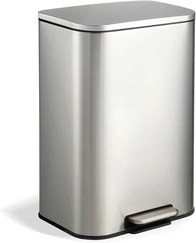 13.2 Gal/50L Rectangular Stainless Steel Trash Can, Fingerprint-Resistant Step-On Garbage Bin with Soft-Close Lid & Removable Inner Bucket, Brushed Kitchen Trash Bin for Home, Office, Bathroom - White