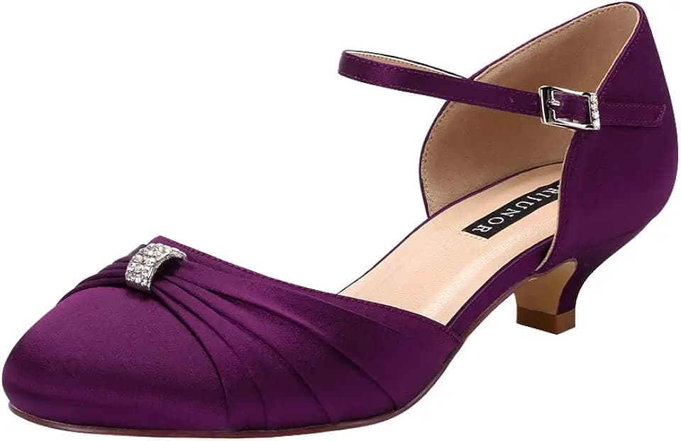 ERIJUNOR Women Comfort Low Kitten Heel Buckle Ankle Strap Satin Bridal Wedding Shoes