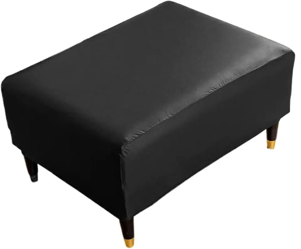 PU Leather Ottoman Cover,Waterproof Rectangle Footrest Covers,Stretch Soft Ottoman slipcover for Small Large Folding Storage Ottoman (Black,XS)