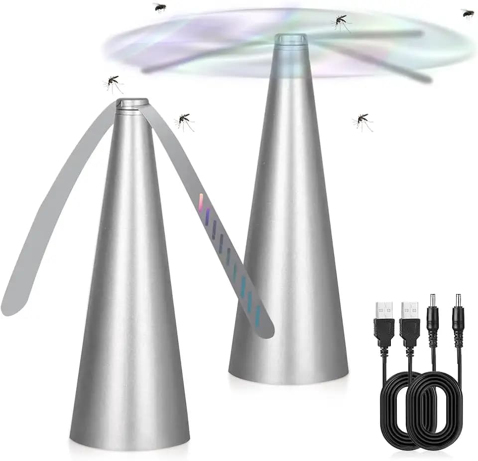 mizikuu 2PCS USB Fliegenwedler, Aufhängbar Fliegenschutzmittel mit Holografischen Flügeln Mückenschutz Ventilator für Tisch Fliegenventilator zum Fliegen Verscheuchen Insektenschutz für Lebensmittel