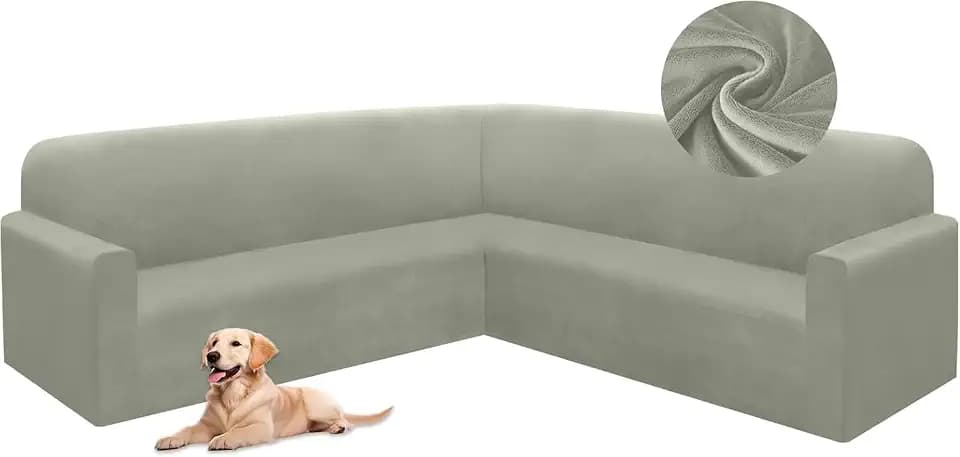 HDCAXKJ Corner Sectional Couch Covers Velvet Stretch L Shape Sofa Cover Soft Thick Sectional Slipcovers Set U Shaped Living Room Non Slip Magic Furniture Protector for Pet Dogs (Grayish Green, Small)