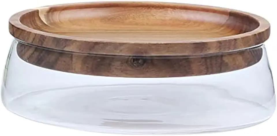 Obstschale, Glasschale mit Holzdeckel, stilvoller Obstkorb aus Glas, doppelt verglaste Schale für Trockenfrüchte und Melonen, Candy Organizer, Accessoire für den Tisch