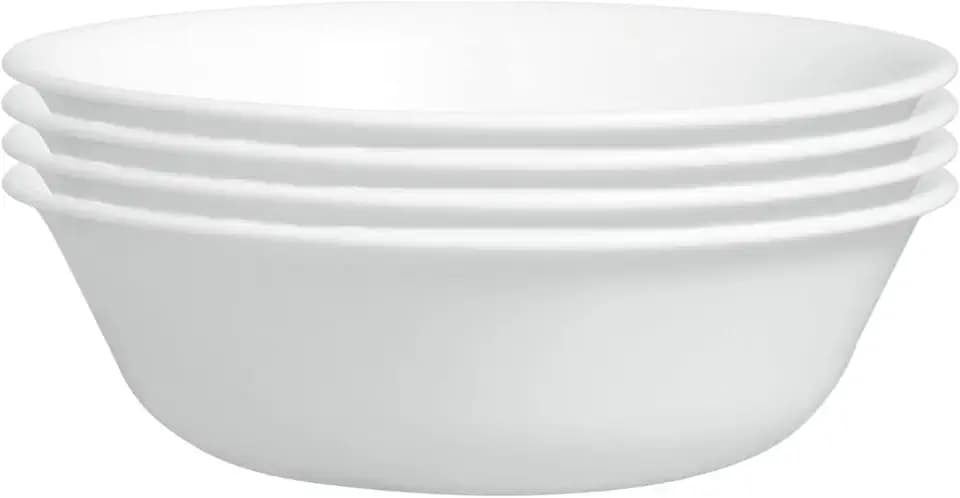 Corelle Vitrelle 4-Pieces 18-Oz Soup/Cereal Bowls Chip & Crack Resistant Glass Dinnerware Set Bowls, Winter Frost White