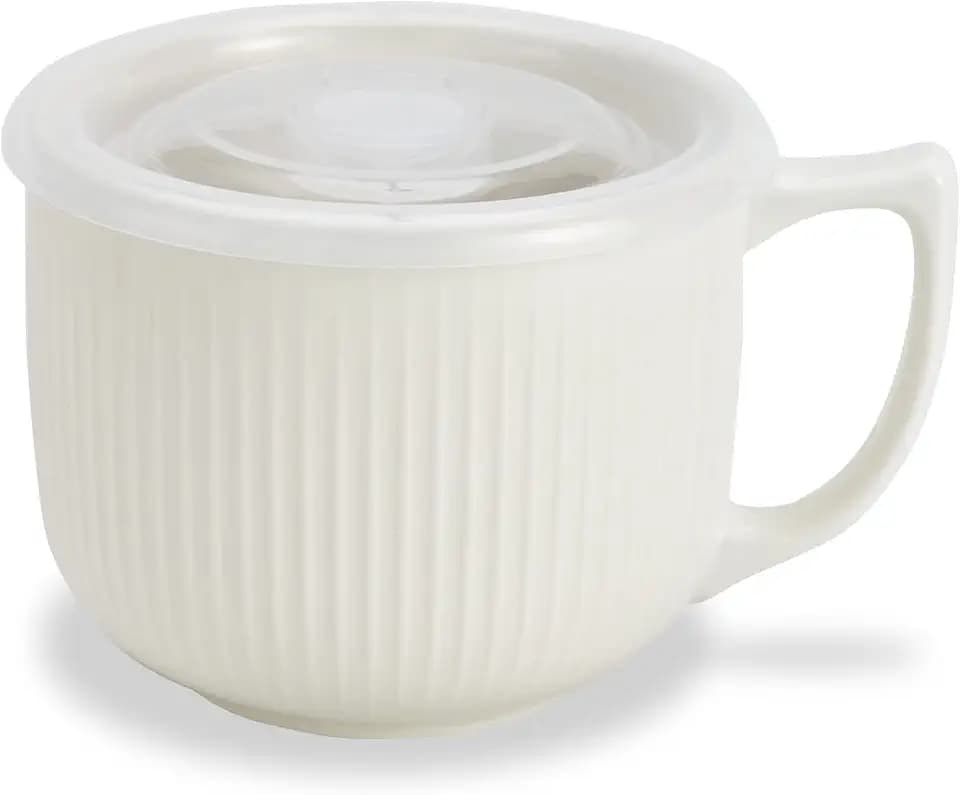 Ceramic Soup Bowl with Handle & Lid, Large 32oz Microwave Ramen Bowl White