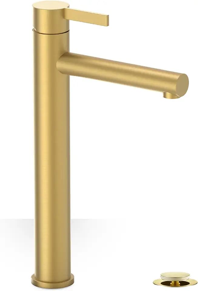 Phiestina Brushed Gold One Hole High Bathroom Vessel Sink Faucet, Single Hole Single Handle Tall Bathroom Faucet, with Pop Up Drain and Water Supply Line,FH01-BG-V