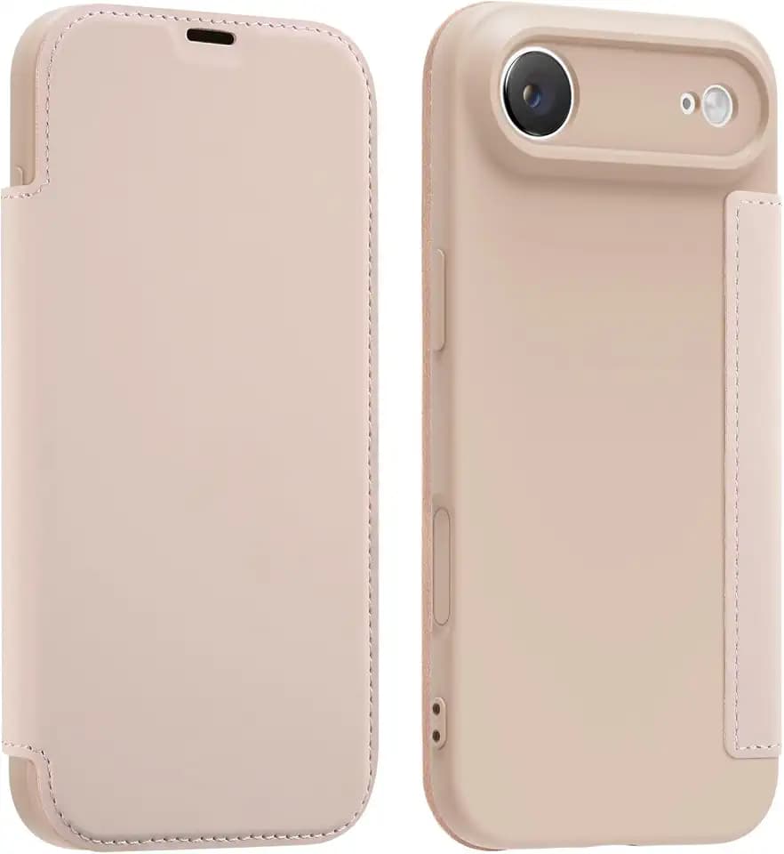 Hülle für iPhone 17 Air Klapphülle Flip Case mit Kartenfach, PU Leder Handytasche Lederhülle, Silicone Hülle klappbar 360 Grad Schutzhülle -Rosa
