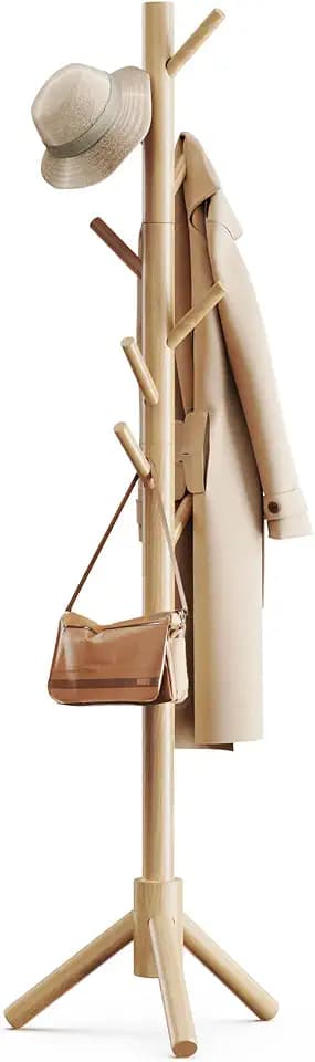 Pipishell Solid Wooden Coat Rack Freestanding with 8 Hooks, Natural