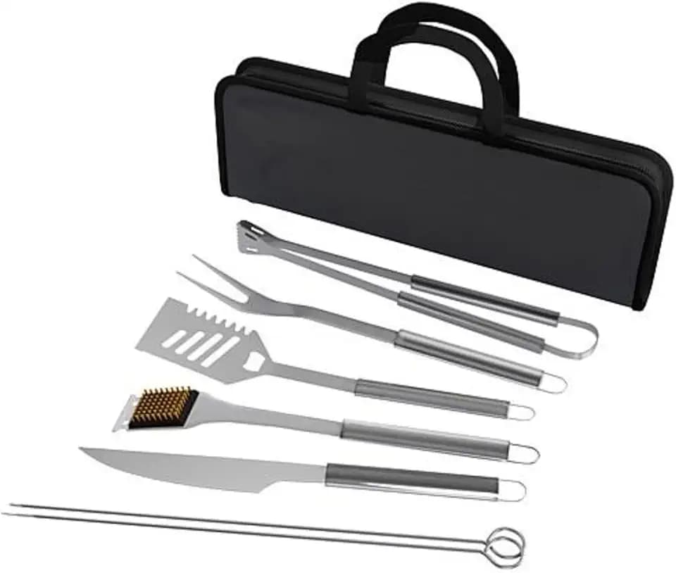 BBQ Grill Tool Stainless Steel Barbecue Grilling Set, 7 Utensils, Spatula, Tongs, Knife with Case