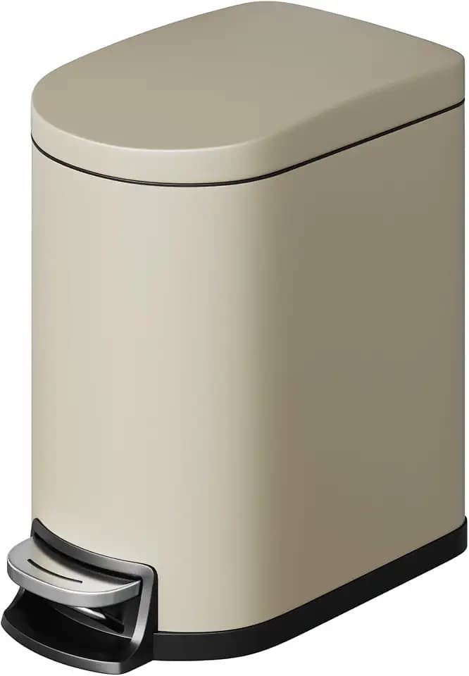 GarveeHome 1.6 Gal Step-On Trash Can, Stainless Steel Small Bathroom Garbage Bin with Soft Close Lid, Slim Space-Saving Design, Removable Inner Bucket for Bathroom, Bedroom, Office, Sand Beige