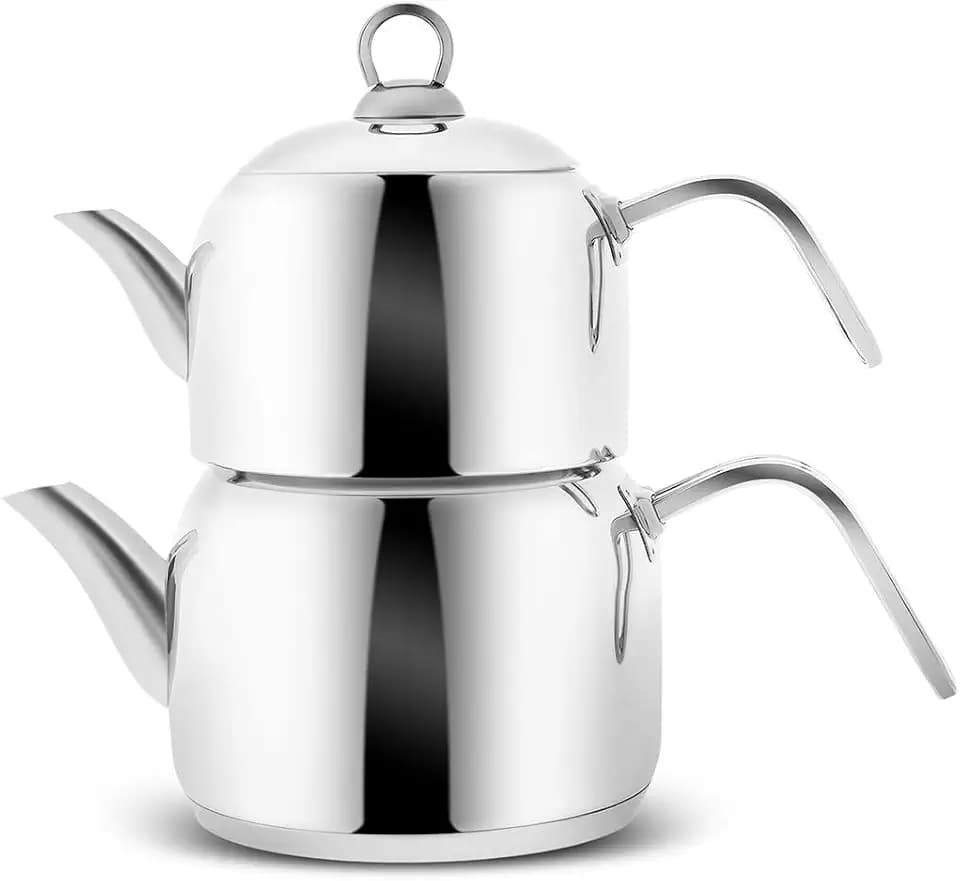 Karaca Urban Metal Turkish Teapot Set, Medium 30cm Double Teapot Set, Durable 18/10 Stainless Steel Body, 3.5 Qt (3.3 Liters) Total Capacity Stackable Tea Maker with Teapot Lid, Silver