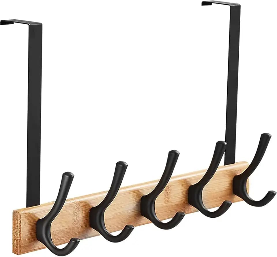 Over The Door Hooks Door Hanger Hook Rack Hanger Heavy-Duty Organizer for Coat Back-5 Double Hooks, Aluminum & Bamboo Door Coat Hook for Hanging Jacket, Robes Hanging Coat, Towel, Hats,Bag