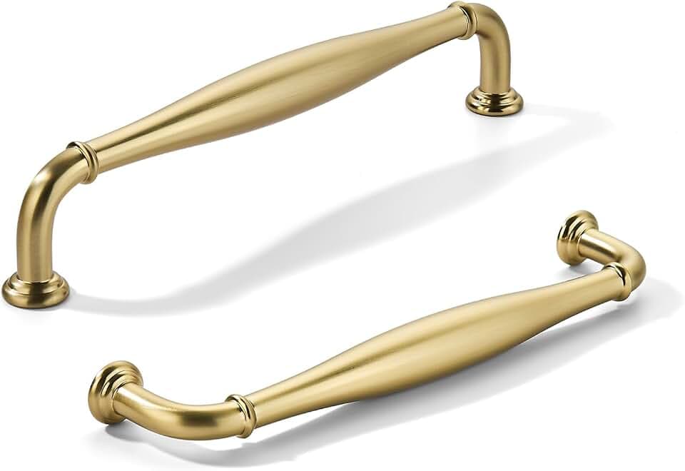 khtumeware 10 Pack 6inch(152mm) Hole Center Brushed Brass Cabinet Pulls Solid Heavy-Duty Satin Brass Tradition Handles Hardware for Bathroom Dressers Pull cabinets