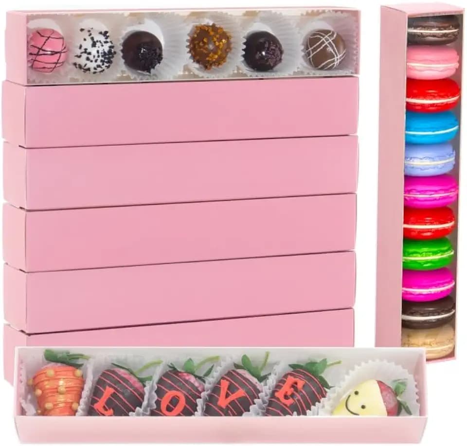 Romantic Baking 50 Pack Long Chocolate Covered Strawberry Macaron Truffle Cocoa Bomb Cookies Bakery Boxes (12x2x2 Inches)
