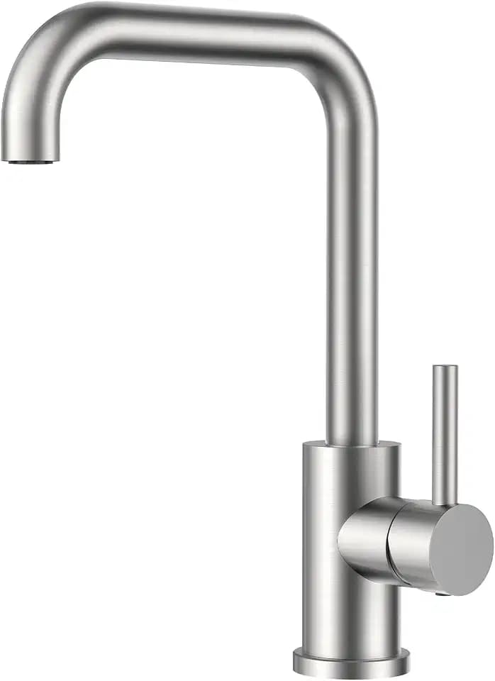 FORIOUS Wasserhahn Küche, Küchenarmatur mit 360°Drehbar, L Förmige Mischbatterie Küche Spülenarmatur mit Einhebel für 1 Loch, Geeignet für den Einsatz in Familienküchen, Wohnmobilen, Edelstahl