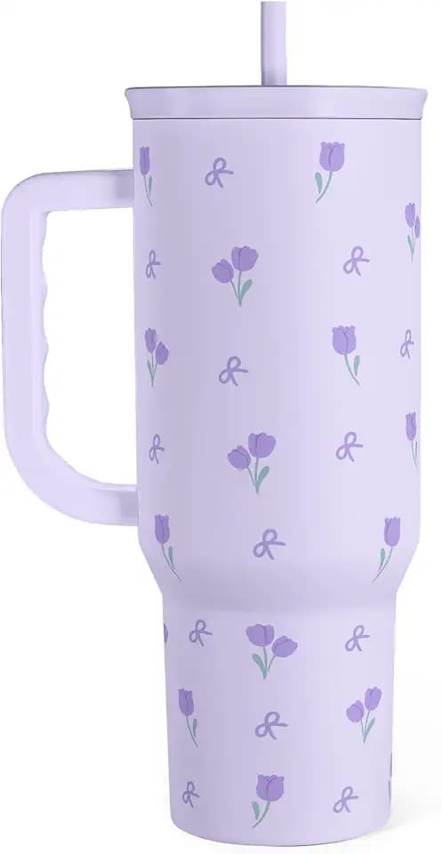 SANDJEST Floral 40oz Tumbler with Handle and Straw – Tulip Insulated Stainless Steel Travel Coffee Mug for Women Girls, Floral Gift Idea for Birthday Christmas Mothers Day