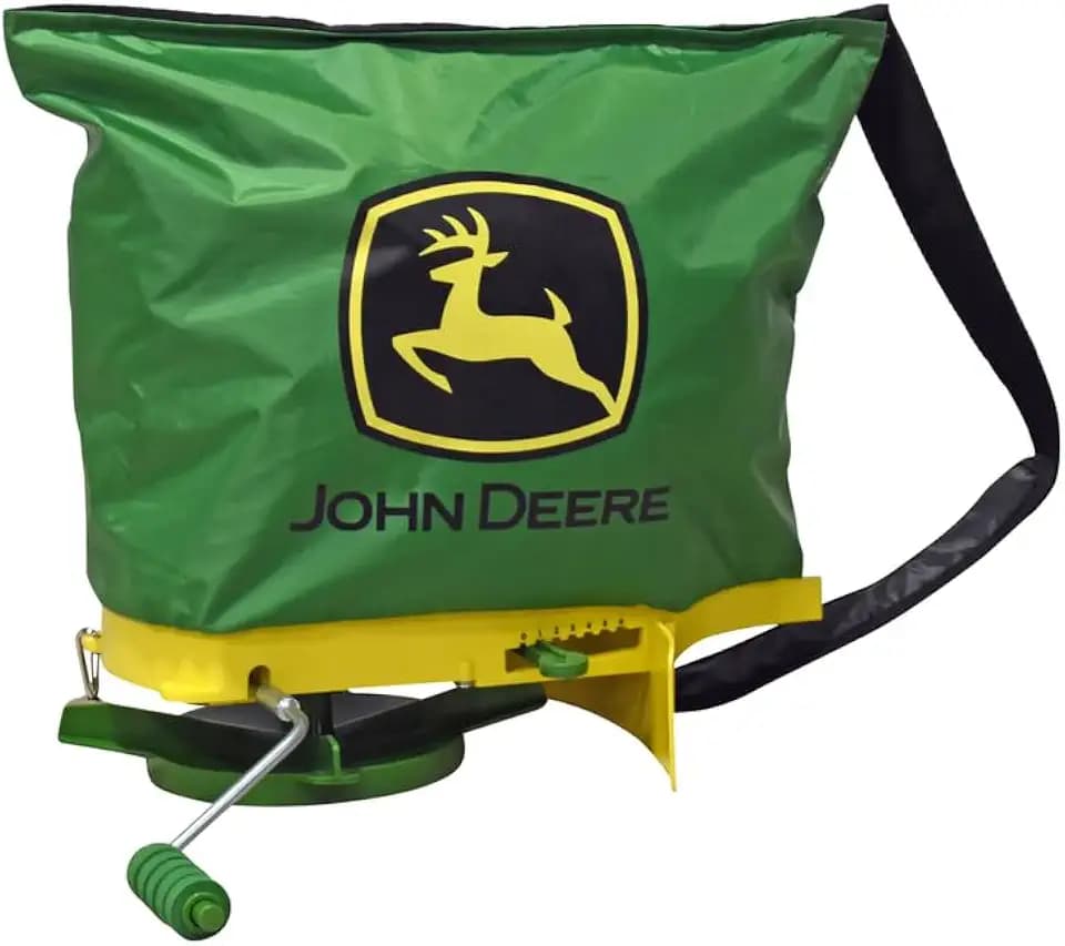 John Deere 25 lb Handheld Bag Seeder Spreader with Waterproof Bag, Enclosed Gears, Adjustable Shoulder Strap, Rear Baffle