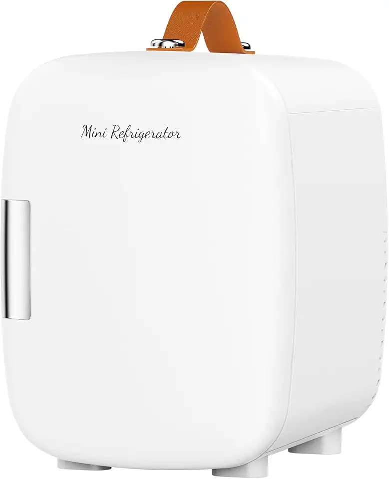 DUMOS Mini Fridge for Bedroom, 4L Compact Personal Fridge Cooler For Skincare, Drinks, And Snacks, Fits 6 Cans, Mini Refrigerator with 110V Ac/12V Dc, Ideal For Car, Dorm, White