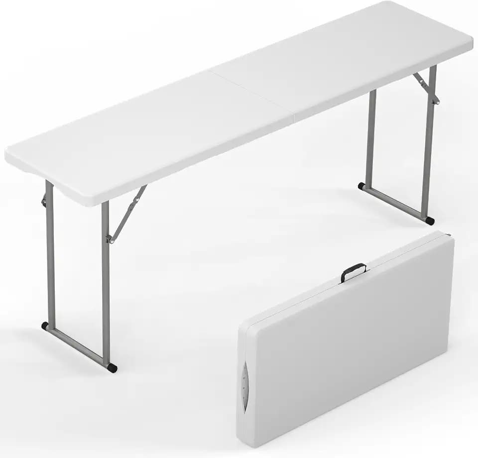 6 ft Narrow Folding Table, Tabletop Fold-in-Half with Handle & Safety Locks