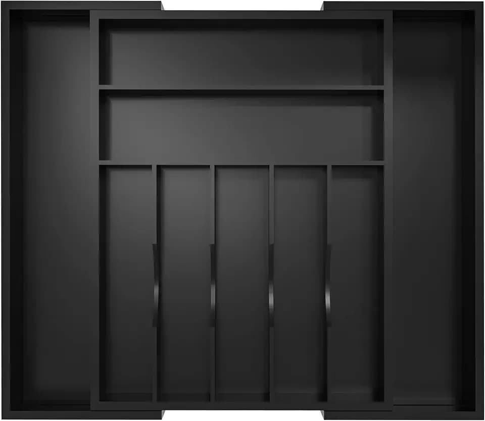 Utensil Organizer Silverware Drawer Organizer - Bamboo Expandable Cutlery Tray with Dividers for Utensil Holder Office Storage Makeup Desk Drawer Tool Organization W13.5"-19.5" x L17.5" x H2.5"(Black)