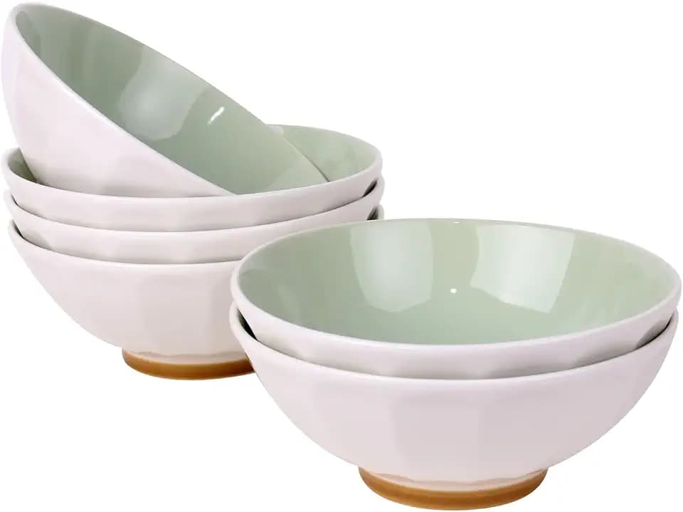 Set of 6 Large Pasta Bowls 29 oz, Green Porcelain 7 inch, Microwave Oven Dishwasher Safe Scratch Resistant