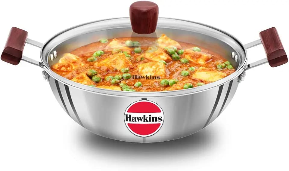 Hawkins 4 Litre Deep Kadhai, Triply Stainless Steel Kadai with Glass Lid, Flat Bottom Induction Kadhai, Big Kadai, Silver (SSK40G)