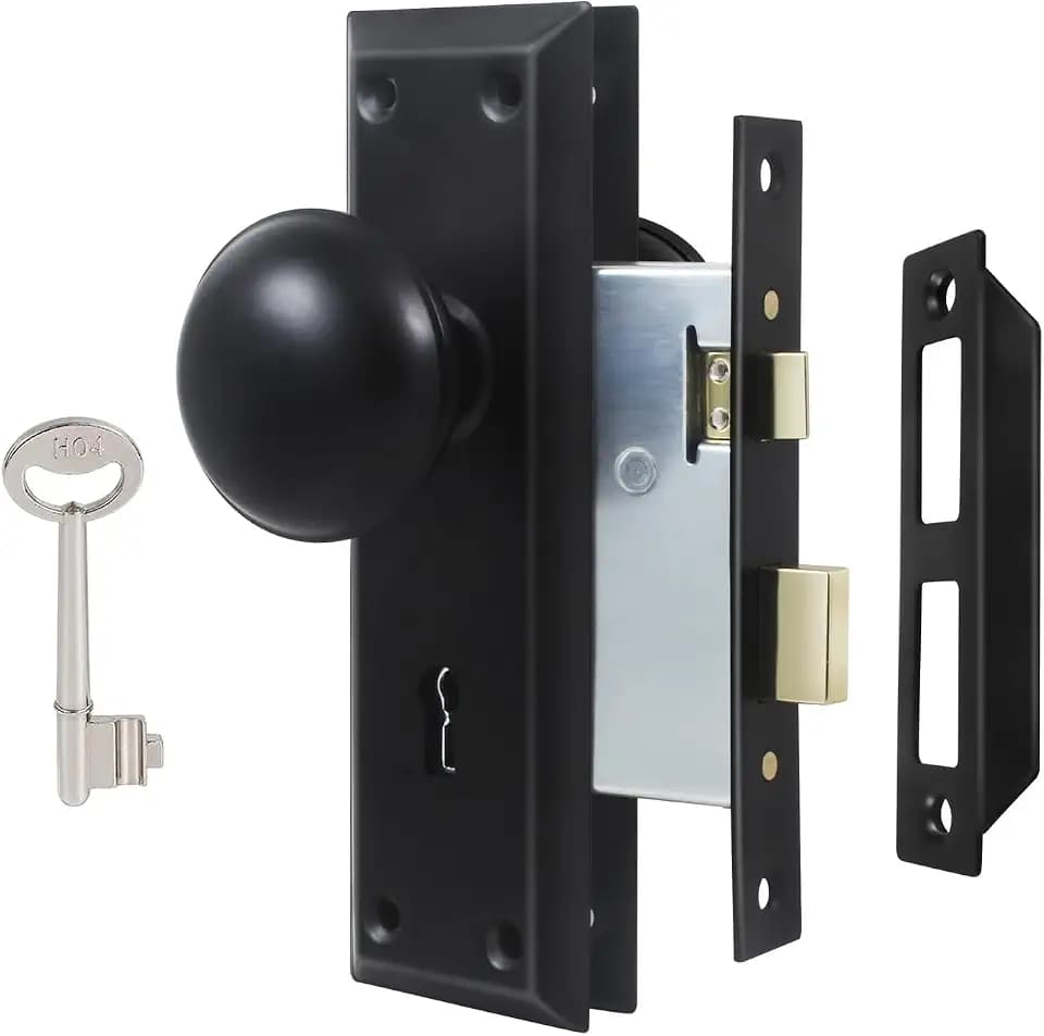 Mortise Lock Set for Interior Door, Vintage Antique Door Knobs with Lock and Skeleton Key, Old Door Knob Replacement Fits 1-3/8 in 1-3/4 in, Matte Black Finish