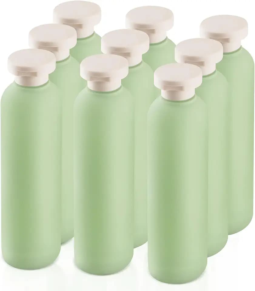 8.8 oz/260ml Plastic Travel Shampoo Bottle,9 Pack Green Empty Refillable Squeeze Bottles with Flip Cap,Lotion Container for Cream,Toiletries,Conditioner-Free Silicone Funnel