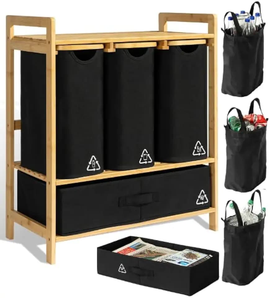 4 Section Recycling Bin for Kitchen – Dual Trash and Recycle Bins for Paper, Plastic, Cans – Indoor Bamboo Recycling Organizer – Decorative Wooden Recycle Bins for Kitchen & Office