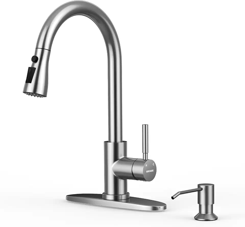 WEWE Kitchen Faucet with Soap Dispenser, Brushed Nickel Pull-Down Sprayer