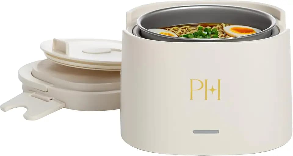 Paris Hilton Electric Lunch Warmer, 20-Ounce Stainless Steel Portable Food Container With Sealing Lid, Removable 2.5-Cup Inner Dish, Cream