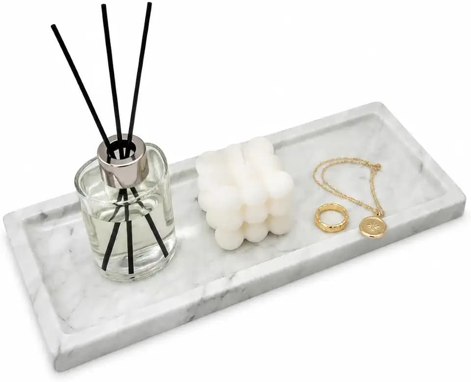 Small Marble Tray for Bathroom Countertop, Rectangular Stone Decorative Tray, Vanity Tray for Makeup, Perfume, Skincare, Jewelry & Bathroom Accessories (White)