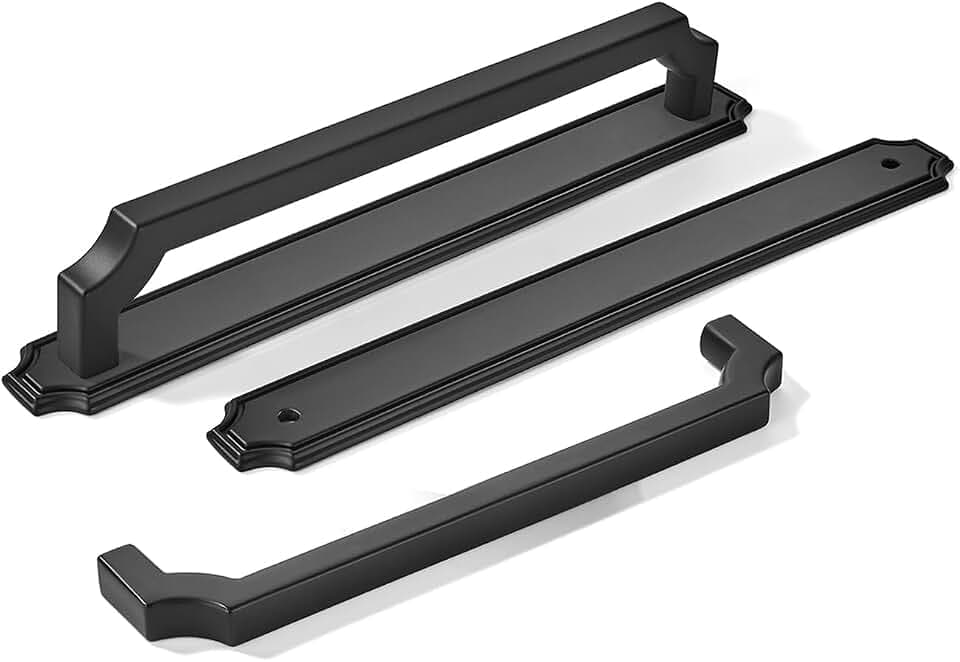 khtumeware 5 Pack 8 Inch Hole Center Matte Black Cabinet Pulls with Backplate - Heavy-Duty Handles for Kitchen Cabinets - Solid Base Plate Hardware for Drawers
