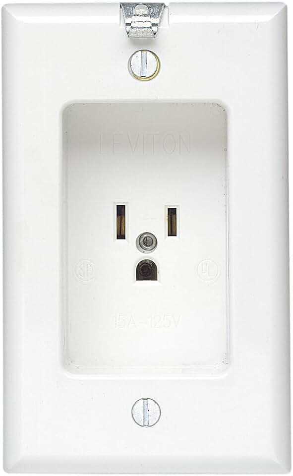 Leviton 15 Amp/125V 1 Gang Recessed Single Receptacle, Residential Grade, with Clock Hanger Hook, 688-W, White