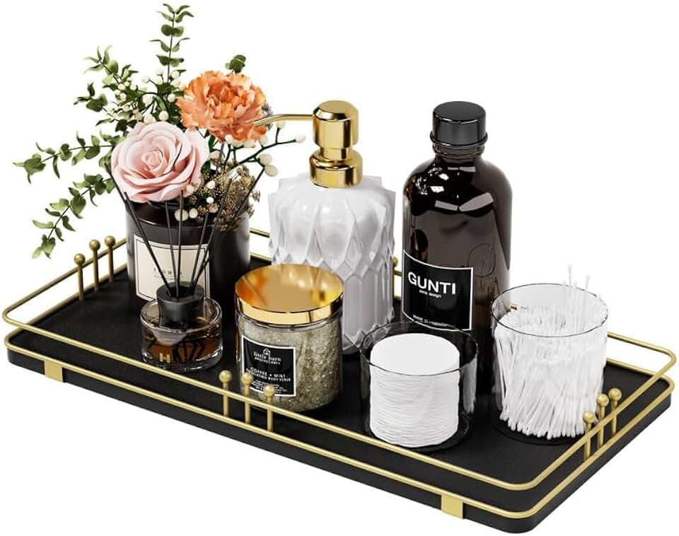 Toilet Tank Tray, Bathroom Basket, 13"x 6.5", Black-Gold