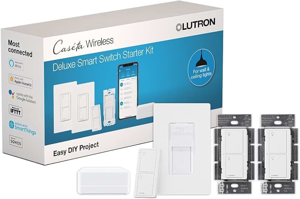Lutron Caseta Deluxe Smart Switch Kit; 2 Switches, Hub, Remote, Wallplate